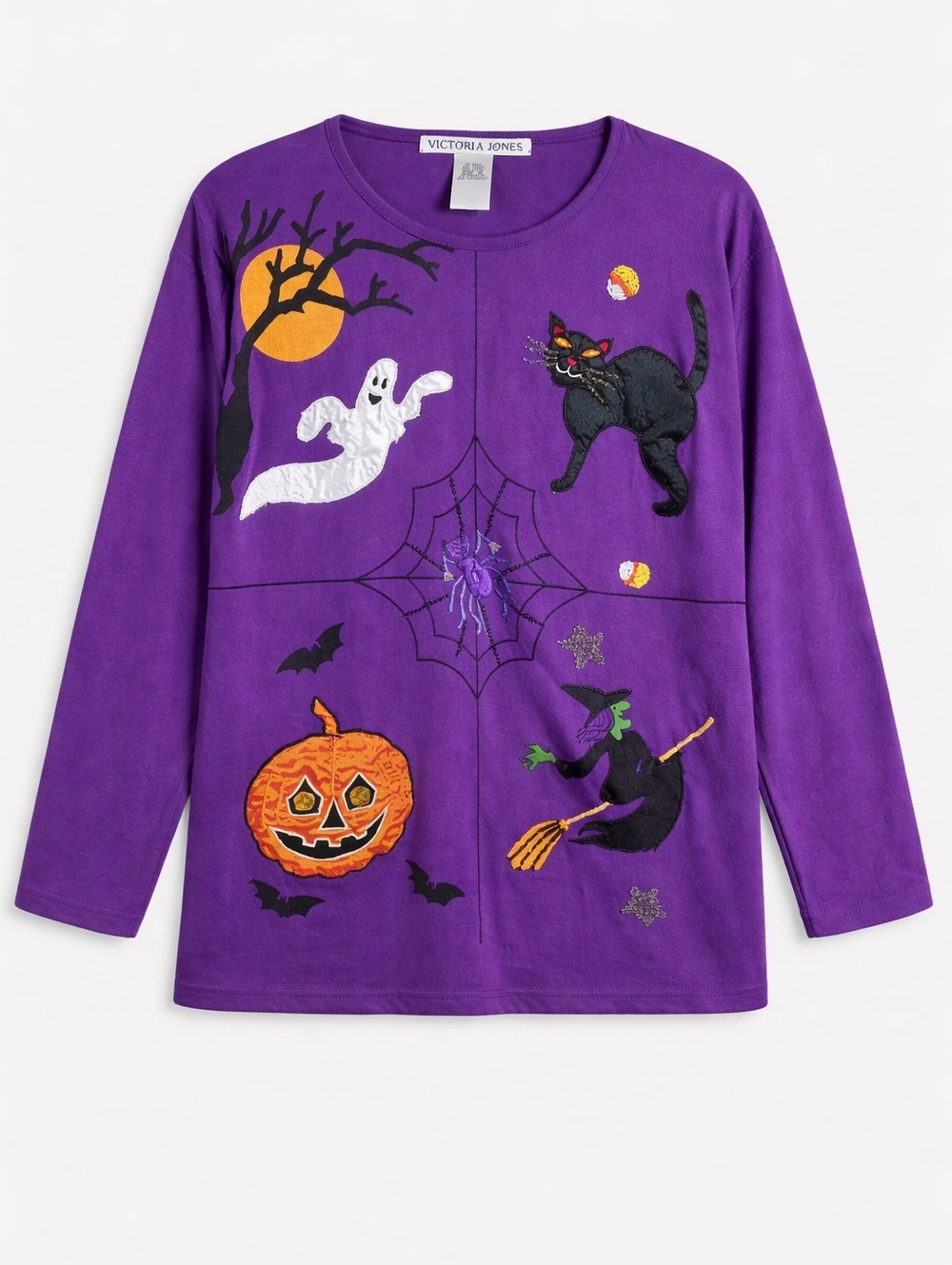 Vintage Victoria Jones Halloween Graphic Tee Purple Beaded Cat Pumpkin Witch M